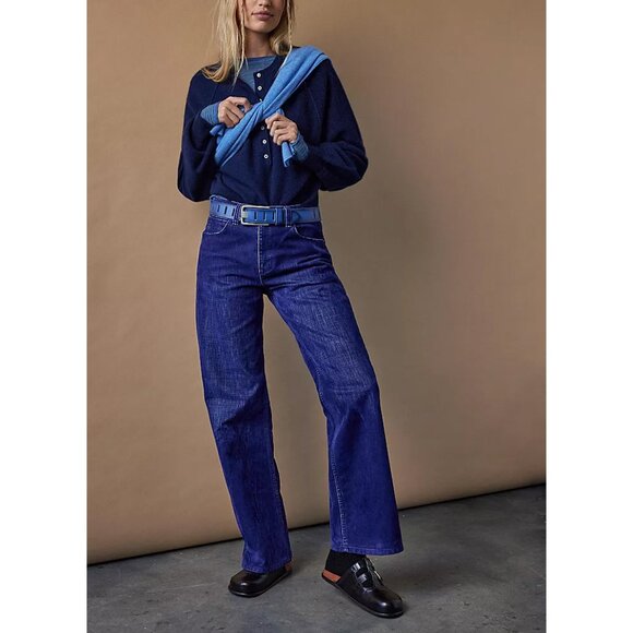 FREE PEOPLE We The Free Tinsley Baggy High Rise Flocked Jeans / Twilight Blue - Picture 7 of 15